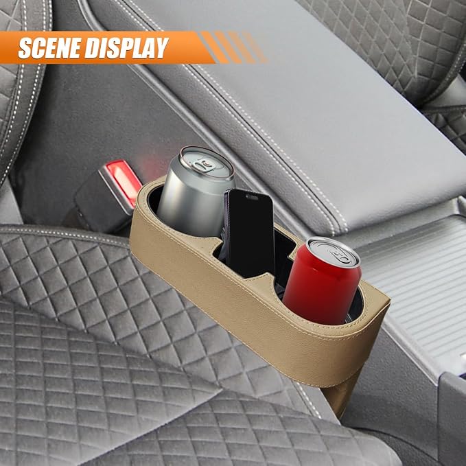 Car Cup Holder, PU Leather Auto Seat Gap Filler Organizer (Beige) | Multifunctional Vehicle Cup Drink Holder, Front Console Storage Box for Coin Cellphone Sunglasses, Universal Car Accessories - Image 6