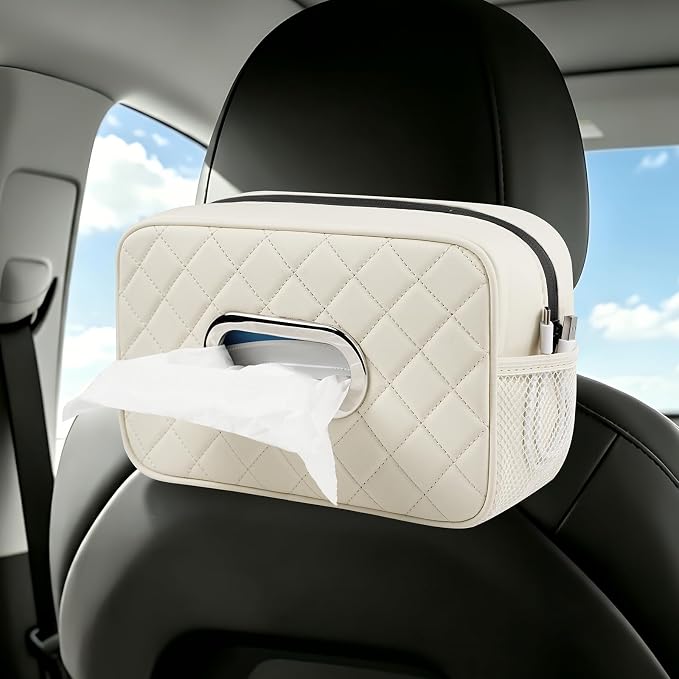 Multi-functional Car Tissue Holder with ‌2 Tuck Nets, Tissue Box Cover | Diamond Pattern, Upgraded PU Leather, Large Rectangle,White Napkin Storage Organizer, Keep Car Tidy by KeepCarTidy