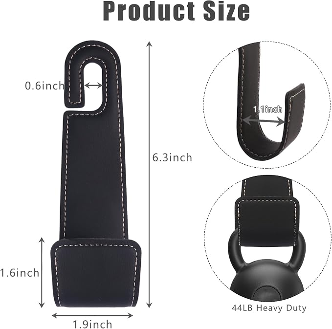 2-Pack Car Headrest Hooks, 1.1-Inch Wide Purse Hangers, Black | Microfiber leather hooks with built-in metal cores keep purses, groceries and backpacks organized and within reach - Image 6