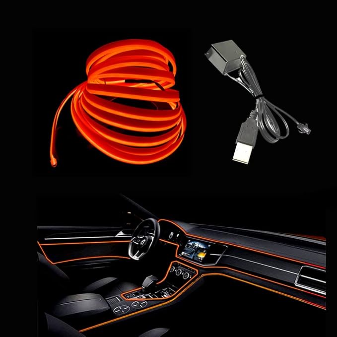 El Wire Orange Interior Car LED Strip Lights, 10M Neon Wire USB 5V with Fuse Protection for Automotive Interior Decoration, with 6mm Sewing Edge by Maxlaxer