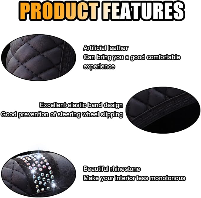 JOYCOURT 15 Inch Bling Soft Leather Car Steering Wheel Cover, Black | Colorful Rhinestones Design, Auto Elastic Protector for Women Girls, Crystal Diamond Car Accessories for Most Cars, SUVs - Image 4