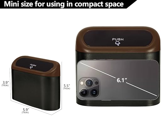 Ginsco Mini Car Trash Can with Lid, Small Car Garbage Can, Cute Leakproof ABS Car Trash Bin, Car Accessories for Interior, Garbage Bin for Car, Home, Office with 60pcs Trash Bags Black/Brown - Image 2