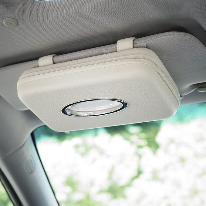 Car Tissue Holder, Sun Visor Tissue Holder, Zipper Car Visor Napkin Holder, PU Leather Backseat Tissue Case for Car,Vehicle (Beige) - Image 2