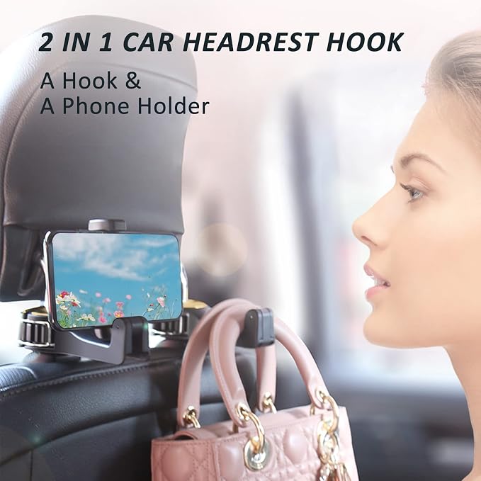Car Headrest Hidden Hook with Phone Holder, Universal 360 Rotation, Gold, 2 Pack - Image 3