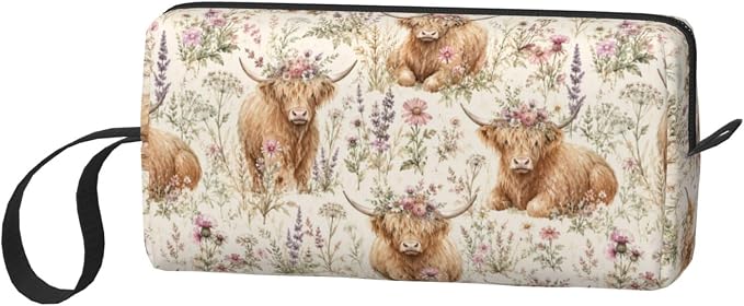 Highland Cow Wild Flowers Makeup Bag for Women | Small Travel Cosmetic Pouch with Zipper, Compact Makeup Organizer Bag for Purse, Toiletries, Skincare & Daily Essentials - Image 2
