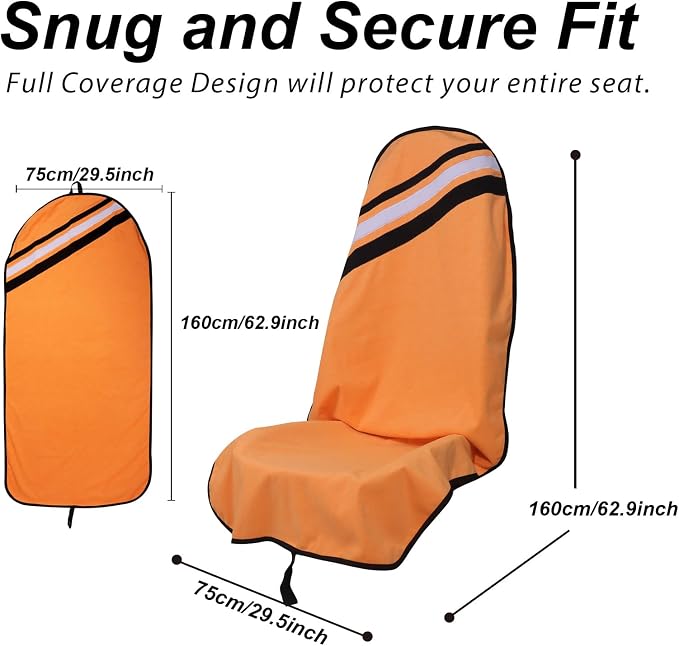 Sweat Towel Car Seat Cover Protector Front Seats for Gym Workout, Running, Swimming, Beach and Hiking, Waterproof Universal Seat Cover for Car, Trucks, Van & SUV (1, FSH-Orange/Black/White, Front) - Image 4