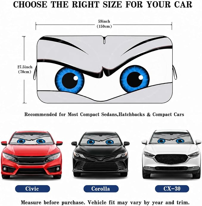 Car Windshield Sun Shade, Universal Fit Compact Sedan SUV, Cool Gray | 57 x 29.5" Car Sun Visor, Foldable Front Window Sunshade, UV Heat Protection, Cute Eyes Series - Image 5