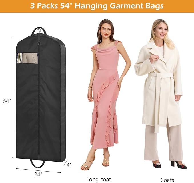 MISSLO 54" Garment Bags for Travel for Women Waterproof Dress Bags for Gowns Long Dress Cover for Gowns, Coats, Suits, Black, 3 Packs - Image 3