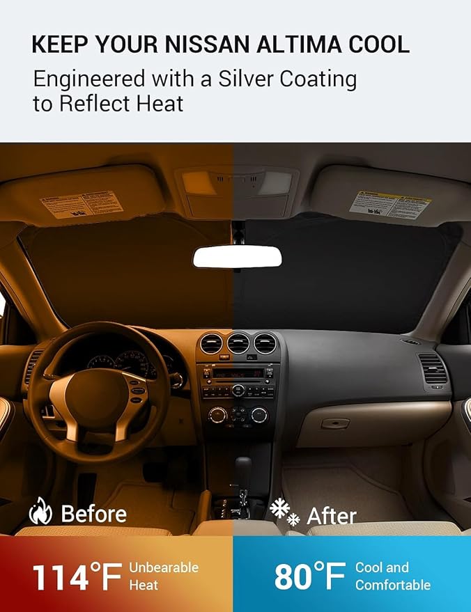 Proadsy Custom Fit Car Windshield Sun Shade for 2007-2012 Nissan Altima | 240T Heat Shield, Drops Temp 54°F, Blocks 99% UV, Prevents Dashboard Cracking, Summer Parking & Beach Trips, Easy Twist-Fold - Image 3