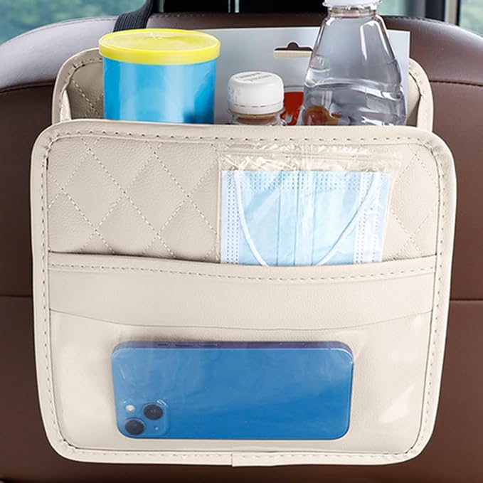 Mandark PU Leather Car Seat Back Organizer, Beige | Three-pocket layout with clear panel, elastic strap installation, fits most cars, SUVs, and trucks, car interior accessories - Image 6