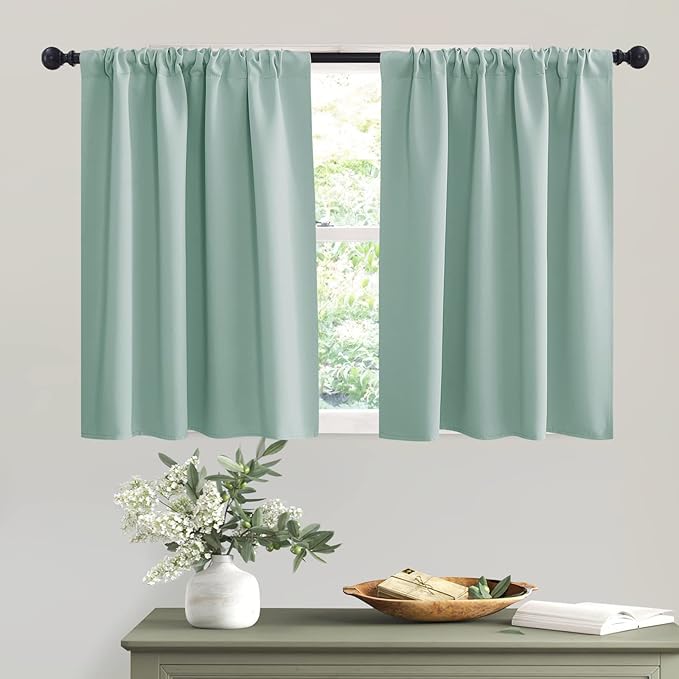 RYB HOME Short Aqua Blackout Curtains for Small Bedroom Kitchen Cafe Window | Thermal Insulating, UV Blocking, Privacy Protection, Drapes/Tiers for Basement Garage Bathroom, W42 x L36, 2 Panels by RYBHOME