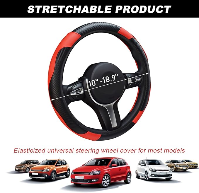 DXNQ Car Steering Wheel Cover, 15 Inch Carbon Fiber Leather Stitching Color Steering Wheel Protector, Anti-Slip Elastic Breathable Steering Wheel Cover Stylish Decor for Most Cars (Black&Red) - Image 2