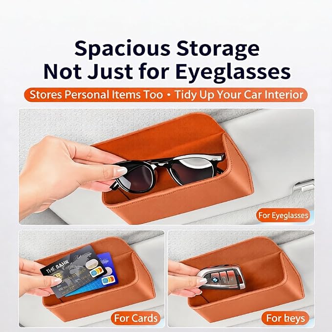 Magnetic Car Sunglasses Holder - Beige Nappa Visor Glasses Case | One-Handed Eyeglass Clip for Large Frames heat-resistant storage for aviators & cards,damage-free,vanity mirror friendly - Image 3