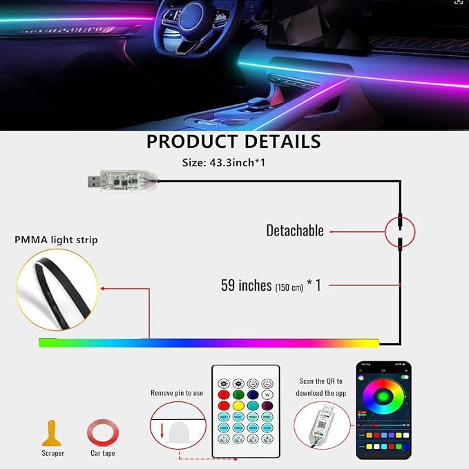 Acrylic Interior Car LED Strip Light with APP Remote Control,43.3in RGB Dreamcolor Acrylic Neon Flexible Strip Fiber Optic LED Ambient Lighting Kits,RGB Music Lights Sync for Inside car Decorations - Image 7