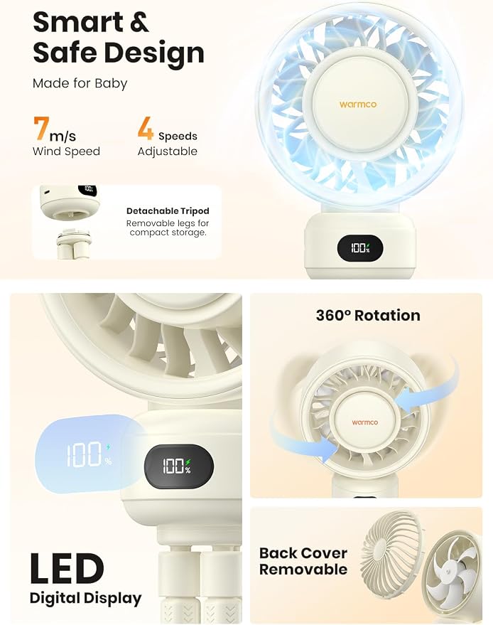 Warmco Portable Stroller Fan, 4000mAh Rechargeable Clip On Fan | Flexible Tripod (Up to 15H), 4 Speeds, LED Display, Detachable Grille, Quiet Operation, for Car Seat, Crib - Image 5