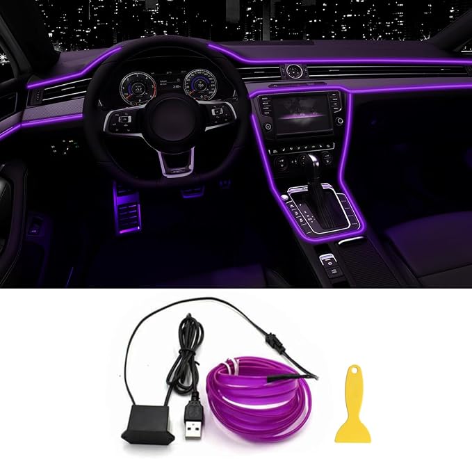 EL Wire Interior Car LED Lights, 16.5FT USB Ambient Lighting Strip, Purple | Neon Glowing Strobing Electroluminescent Wire, 6mm Sewing Edge, Inside Car Lighting Accessories by QVEVDACAR