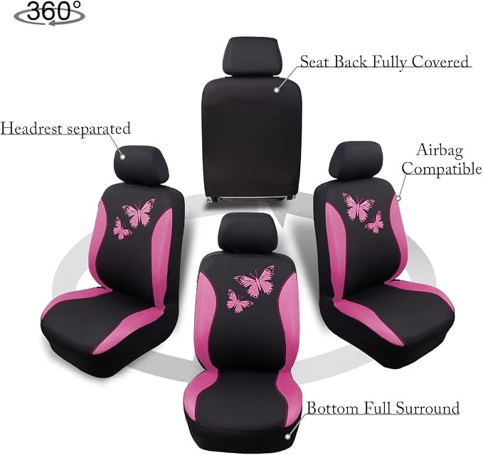 Flying Banner Butterfly car seat Covers ful Set Fashion Universal Lady Woman Female Rear Bench Split Colorized (Full Set, Pink) - Image 9