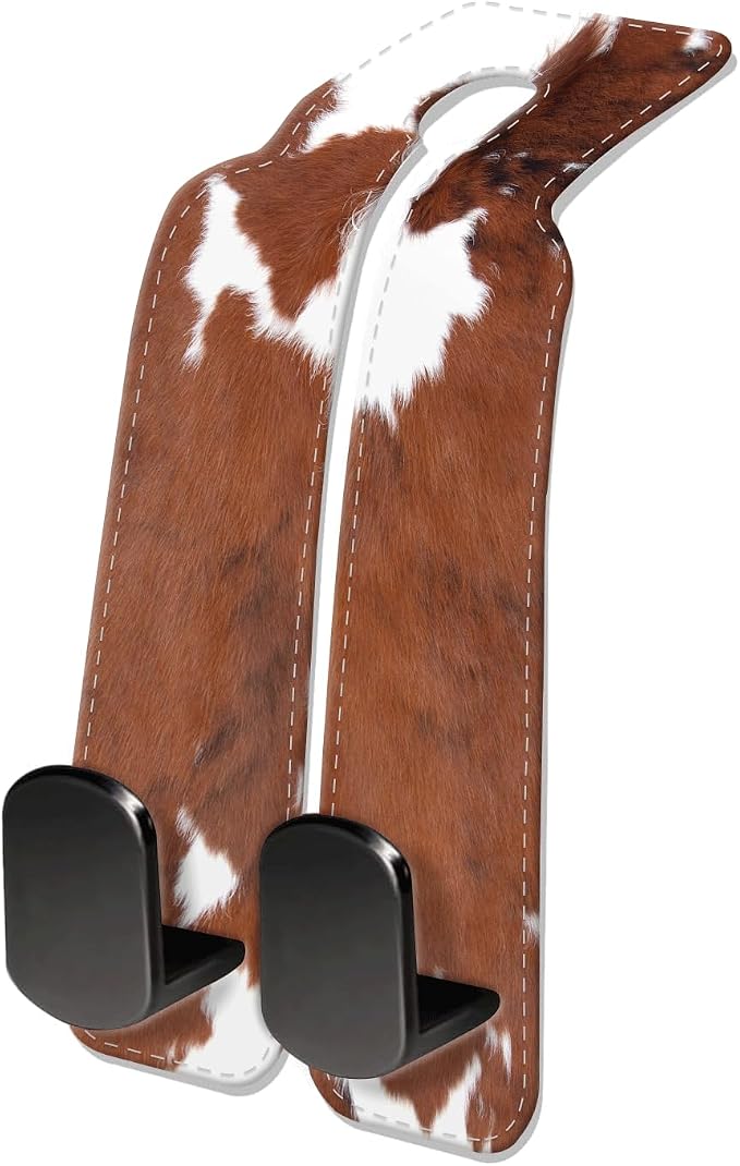 Car Seat Headrest Hook, Universal Leather Cute Hanger Holder Hook, Storage Organizer Interior Accessories for Purse Bags Handbag Brown White Cowhide by NUGGHU
