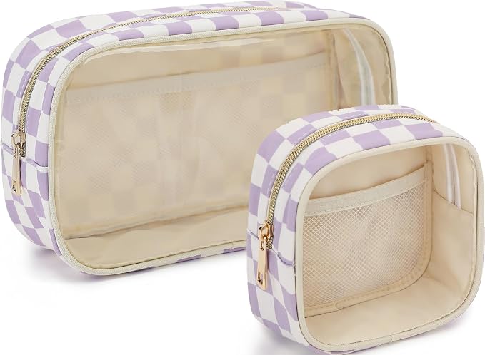 Fammart Clear Travel Makeup Bag for Women, TSA Approved Checkered Cosmetic Bag Make Up Car Organizer Case with Zipper, Large Waterproof Pouch Purse Toiletry Bag for Skincare, Brushes Travel Essentials by Fammart