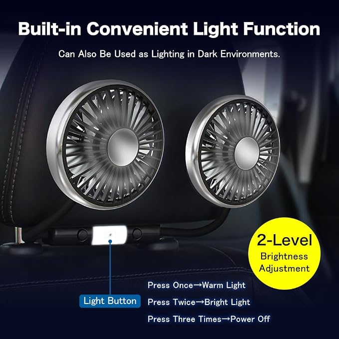 Car Fan for Backseat Kids, Dual Back Seat Fans for Kids Independently Controlled Heads,CollocationLED light,3-Speed adjust And 360°Rotatablehose, Portable USB car cooling fan For Vehicle,SUV,RV - Image 5