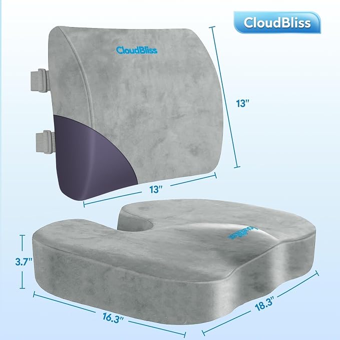 CloudBliss Lumbar Support Pillow & Seat Cushion Set for Office Chair,Desk Chair,Wheelchair & Car–Memory Foam Back Support, Ergonomic Chair Cushions, Sciatica Pain Relief,Home Essentials(Light Grey,XL) - Image 5