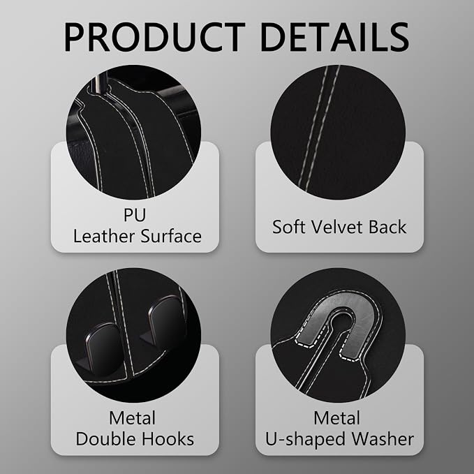 Blusabaca 2PCS Car Seat Headrest Hooks, Purses Bags Holder, Black | PU Leather, Double Metal Back Storage Hangers for Grocery Bags Handbags Bottles Coats Phones, Car Accessories Organization - Image 4