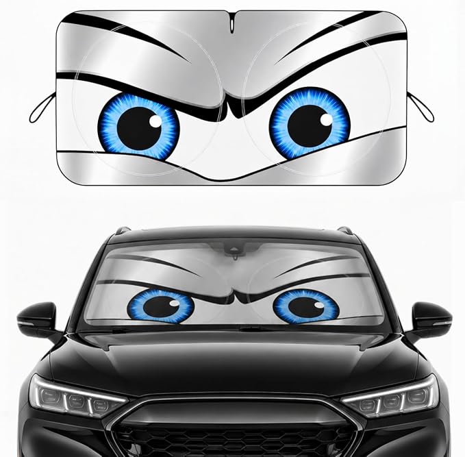 Car Windshield Sun Shade, Universal Fit Midsized Sedan SUV, Sporty Silver | 61 x 31.5" Windshield Cover, Foldable Front Window Sunshade, UV Heat Protection, Cute Eyes Series by eygeufg