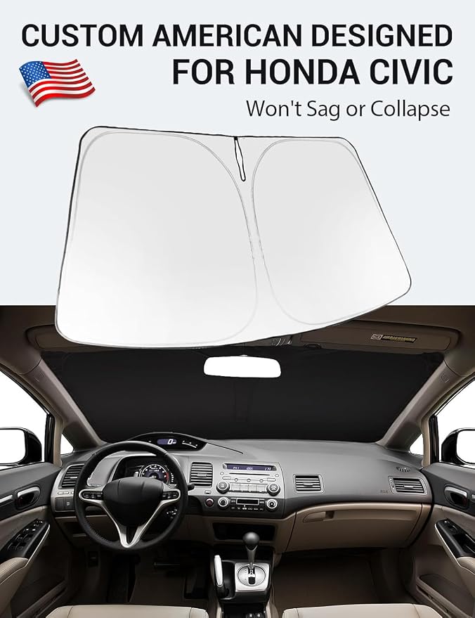 Proadsy Custom Fit 2006-2011 Honda Civic Windshield Sun Shade, Blocks Heat | 240T Heat Shield, Drops Temp 54°F, Blocks 99% UV, Prevents Dashboard Cracking, Summer Parking & Beach Trips, Easy Twist-Fold - Image 2
