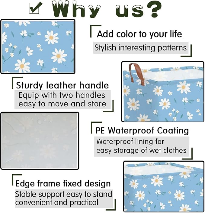 Rectangular Daisy Storage Basket,Kids Laundry Hamper,Waterproof foldable kids laundry basket,Blue Baskets,Books Box,Flower room decor(Daisy) - Image 7