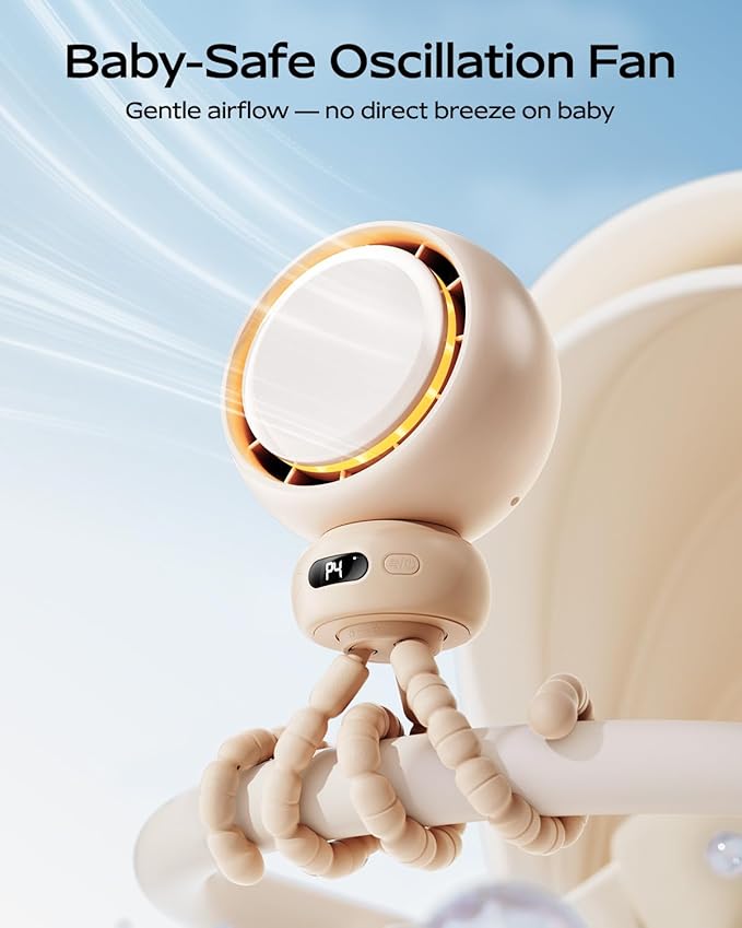 Stroller Fan, Portable Baby Fan with 60° Auto Oscillation, Brown | Flexible Tripod Design, USB-C Rechargeable, Long Battery Life, Quiet Motor, 4-Speed Cooling - Image 2