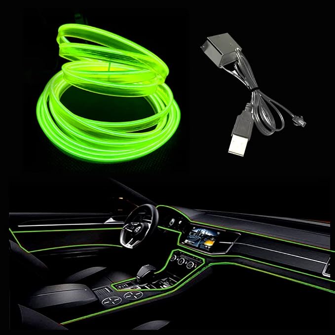El Wire Lemon Green Interior Car LED Strip Lights, 5M Neon Wire USB 5V with Fuse Protection for Automotive Interior Decoration, with 6mm Sewing Edge by Maxlaxer
