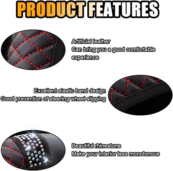 JOYCOURT 15 Inch Bling Soft Leather Car Steering Wheel Cover, Black Red | Colorful Rhinestones Design, Auto Elastic Protector for Women Girls, Crystal Diamond Car Accessories for Most Cars, SUVs - Image 4
