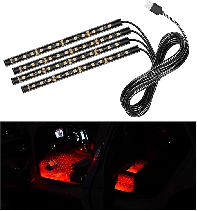 Car LED Strip Light, 48 LEDs RGB Neon Interior Atmosphere Lights, 12V Under Dash Ambient Night Light, USB Port Auto Interior Decorative Lamp, Universal Car Accessories (Red) by Sylvil