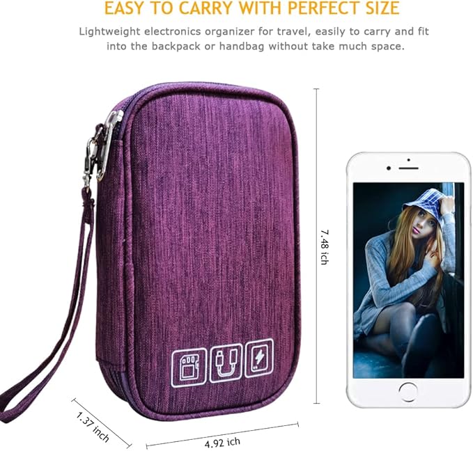 Electronic Organizer Bag Cable Organizer Travel Cord Organizer Case Pouch Portable Carrying Case for Charger Hard Drive Earphone USB SD Card (Purple) - Image 3