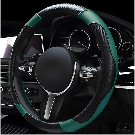 povtii Car Steering Wheel Cover, 15 Inch Leather Breathable Auto Steering Wheel Protector, Comfortable Non-Slip Vehicle Steering Wheel Covers, Universal Car Accessories (Dark Green, with Lining) by povtii