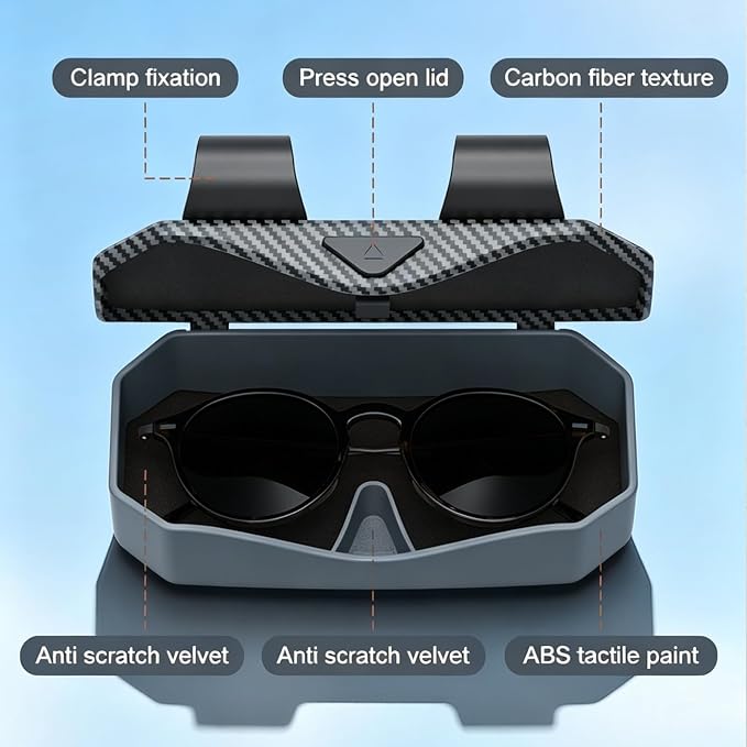 Sunglasses Holder for Car Visor, One-Handed Press to Open Car Glasses Case, Carbon Fiber Texture Visor Accessories Stability for Truck SUV Sedan, Anti-Scratch Velvet Interior (Grey) - Image 6