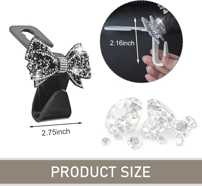 2 PCS Bling Car Seat Headrest Hooks, S Type Crystal Rhinestone Bow Vehicle Seat Back Storage Hooks for Purses Bags Groceries, Universal Diamond Car Rear Seat Organizer (Black) - Image 2