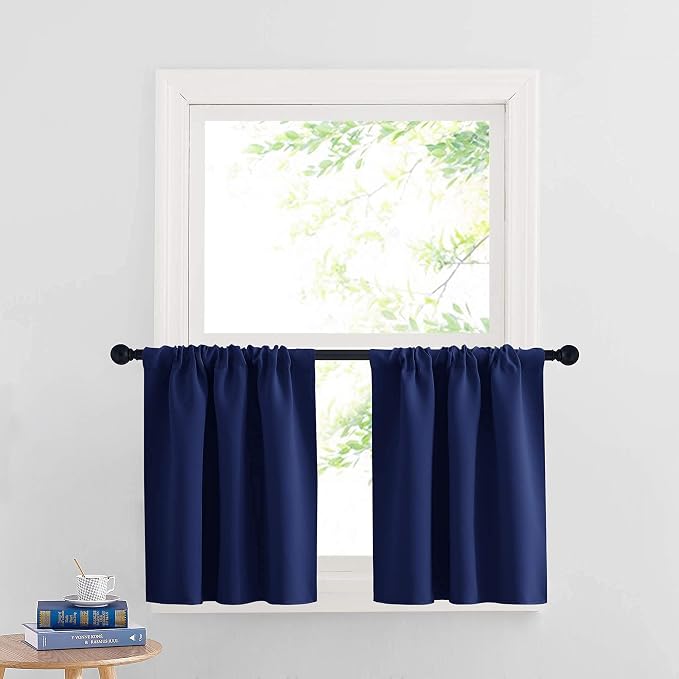 RYB HOME Cafe Blackout Curtains 24 inch Length, RV Camper Window Curtains | Short Small Half Window Tiers,Privacy,Thermal Insulated,Light UV Heat Blocking,Rod Pocket,W29 x L24,Marine Blue,2 Panels by RYBHOME