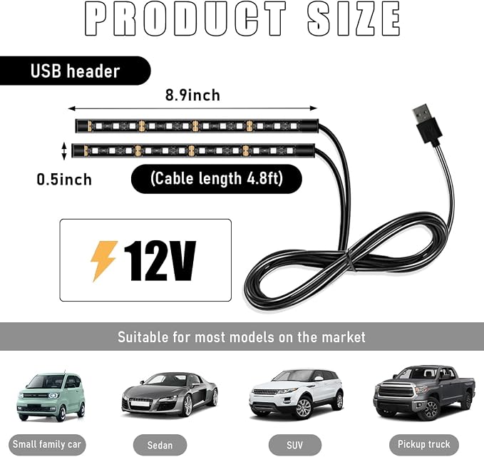 Wevdn Car Interior LED Strip Light, 12V 24 LED Waterproof Neon Ambient Night Light with USB Port, Automotive Atmosphere Decorative Under Dash Lighting Kit, Car Accessories (Blue) - Image 2