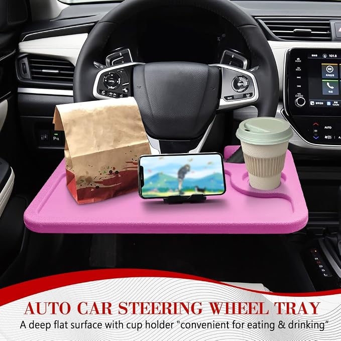2 in 1 Car Steering Wheel Desk, Car Tray, Car Steering Wheel Desk Tray & Auto Seat Gap Filler Organizer, Multipurpose Travel Auto Steering Wheel Under Table Console for Most Vehicles (Pink) - Image 3
