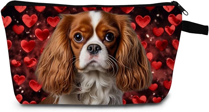 Cavalier King Charles Spaniel Makeup Bag Red Heart Background Adorable Dog Print Cosmetic Pouch for Dog Lovers Travel Toiletry Organizer Gift for Pet Enthusiasts by Unknown