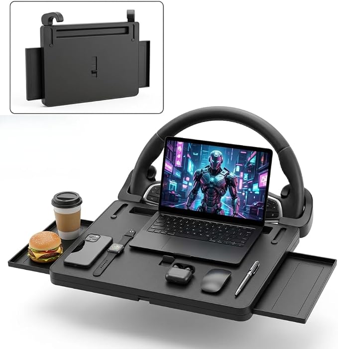 3-in-1 Steering Wheel Tray, Car Desk for Laptop, Food Tray for Eating & Work, Adjustable Car Table with Drawer & Anti-Slip Design, Multipurpose Travel Car Accessories by Unknown