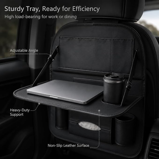 2 Pack Leather Look Car Backseat Organizer with Tablet Holder, Foldable Tray, 8 Storage Pockets, Cup Holder, Tissue and Umbrella Slots, Seat Back Protector Kick Mat for Cars SUVs Trucks - Image 4