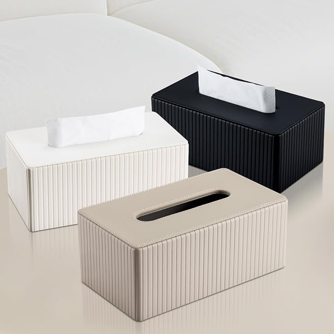 KINGFOM PU Leather Tissue Box Cover Rectangular Tissue Box Holder with Magnetic Bottom, Napkin & Facial Tissue Holder Dispenser for Home, Office for Standard 120-count/160-count (2-Ply) Beige Stripe - Image 7