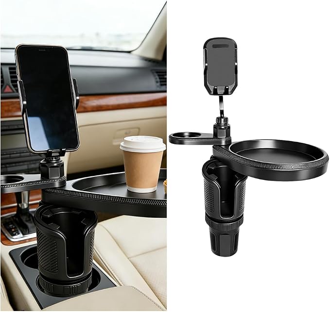 Car Cup Holder Tray, 4-in-1 Vehicle Drink Holder Expander Adapter with Phone Holder & Food Tray Table, Auto Center Console Cupholder Eating Table Organizer, Universal Fit (Black) by Unknown