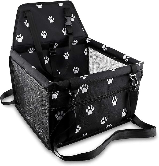 Petbobi Dog Car Seat for Small Dogs and Cats up to 15 lbs, Portable Booster | Black Paw Print, Water-resistant Oxford fabric, PVC Tubes, Folds Flat, Clip-on Leash Keeps Pups Secure and Drivers Focused by Petbobi