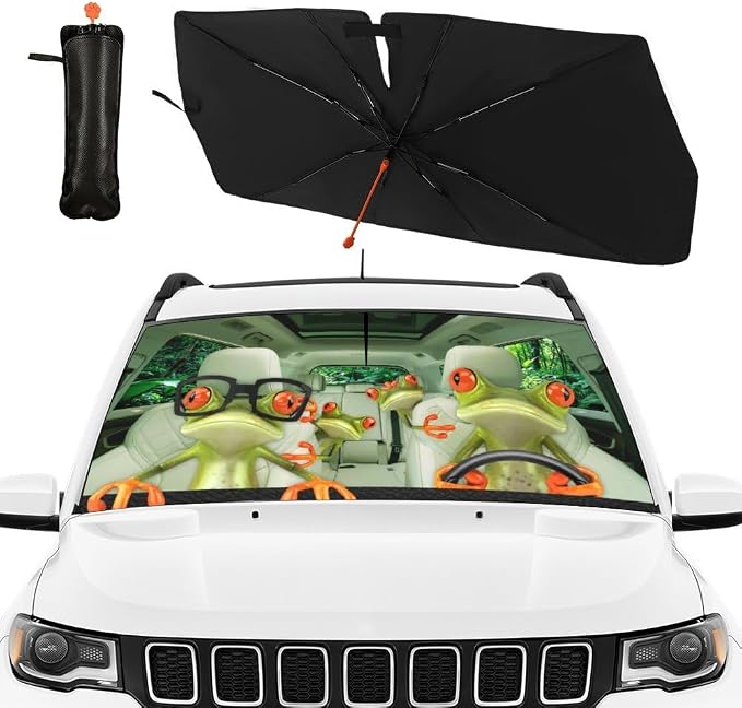 CHILL·TEK Print Frog Windshield Sun Shade Funny Frog Sun Shade for Car Front Window Block UV Rays Foldable Umbrella Windshield Sun Visor Protector Keep Vehicle Cool for Most Vehicles by CHILL%C2%B7TEK