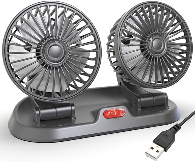 5V Dual Head Car Fan, Portable Vehicle Cooling Fan with 2 Speeds, 360° Rotatable Adjustable Dashboard Air Circulator for SUV, RV, Truck, Sedan, Cruise, Cigarette Lighter Powered USB Fan by Unknown