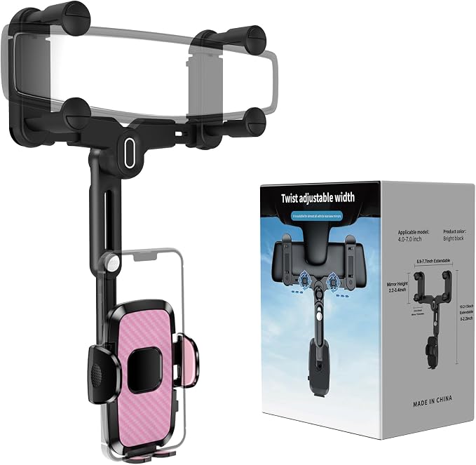 Phone Mount for Car, Rear View Mirror Phone Holder, Rotatable and Retractable Car Phone Holder Mount Rearview Mirror Phone Holder for Car Compatible with iPhone Samsung Cell Phones (Pink) by JDHDL