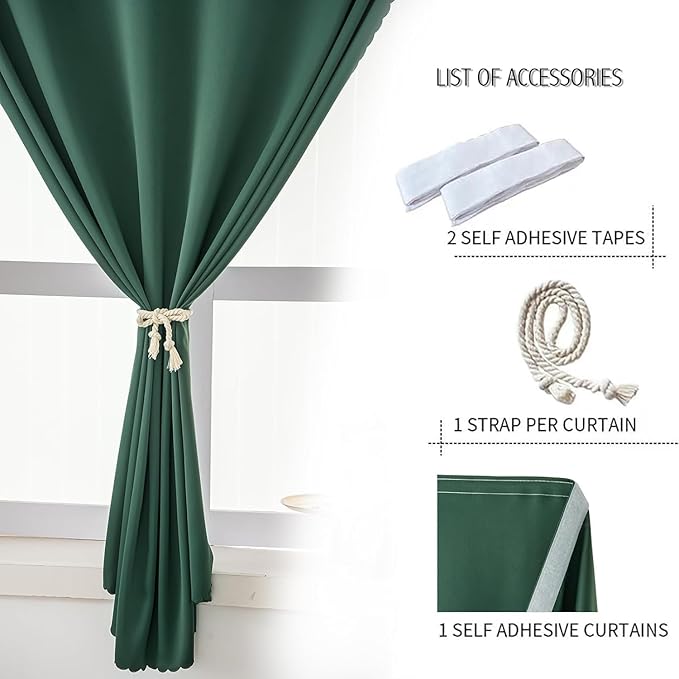 Blackout Curtains for Bedroom Sticky Curtain Blackout Window Cover Self Adhesive Curtains Rod No Drillng, 59" W X 96" L, Dark Green, 1 Panel - Image 2